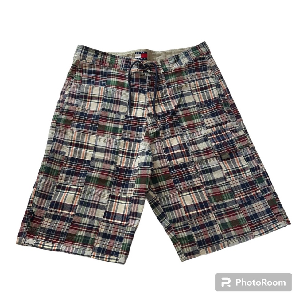 TOMMY HILFIGER Vintage Y2K Cotton Madras Plaid Patchwork 12” Cargo Short Sz 34